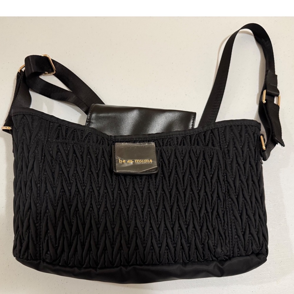 Be Mums Black Quilted Diaper Bag Crossbody Insulated Pockets Gold Hardware
